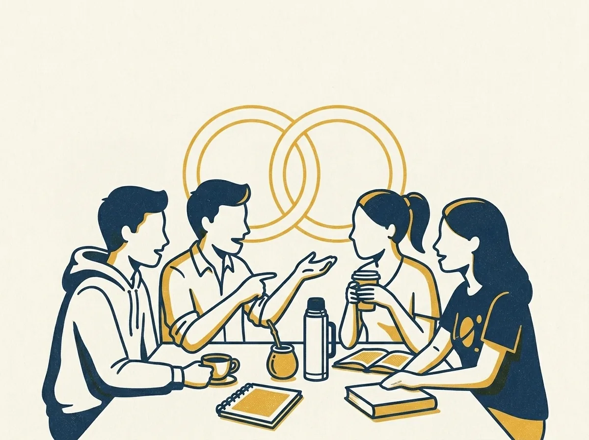 Ilustración en serigrafía de cuatro jóvenes ex-alumnos conversando alrededor de una mesa con café, mate, un cuaderno y libros, con dos anillos entrelazados detrás