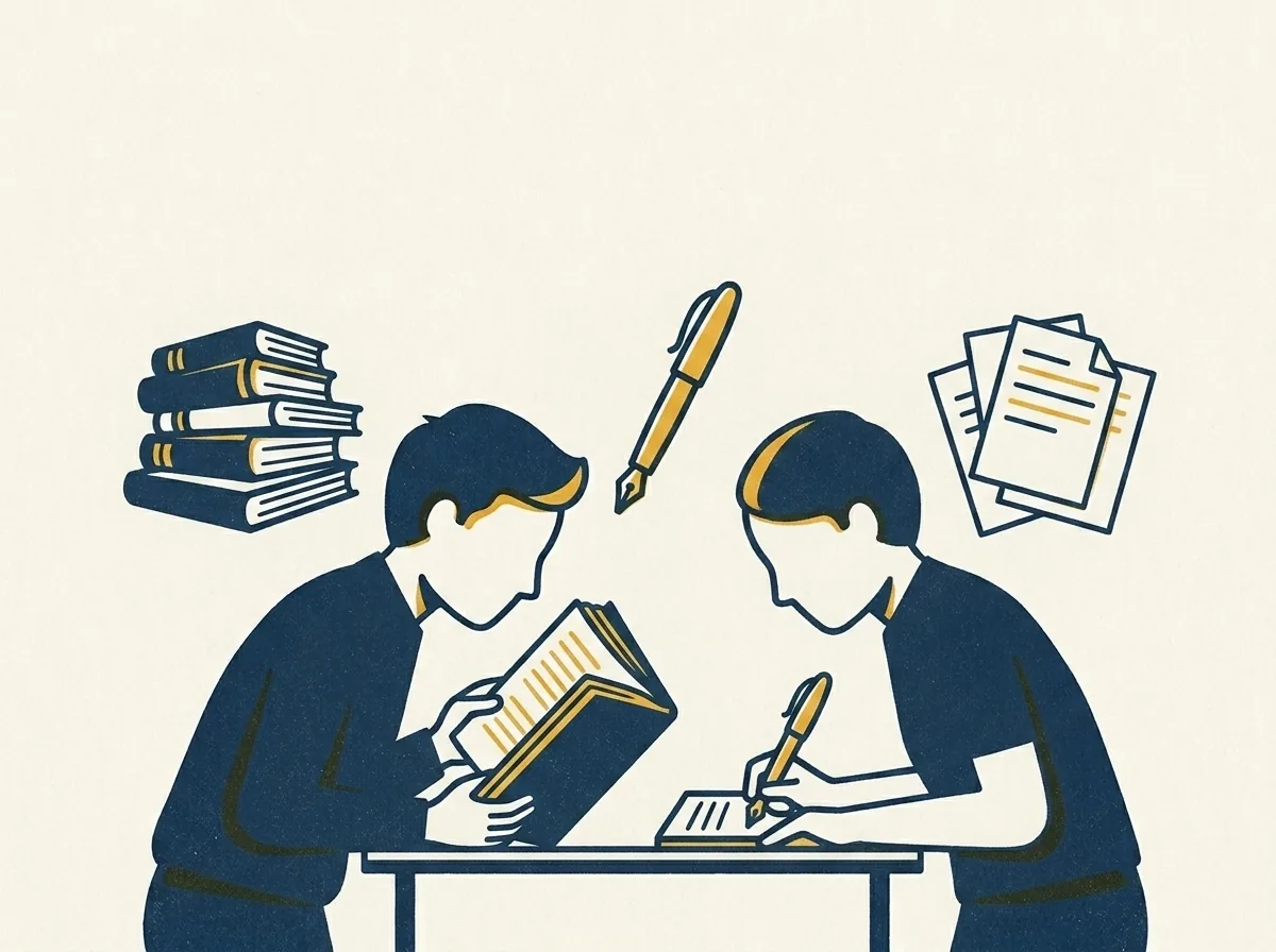 Ilustración en serigrafía de estudiantes leyendo y escribiendo, entre libros y renglones